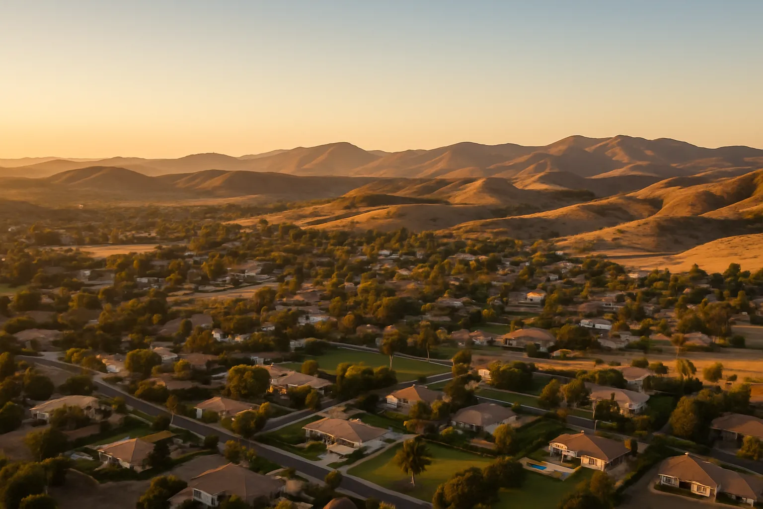 Aerial view of Southern California neighborhoods and open hills at sunset, representing Gopher Champs service areas.