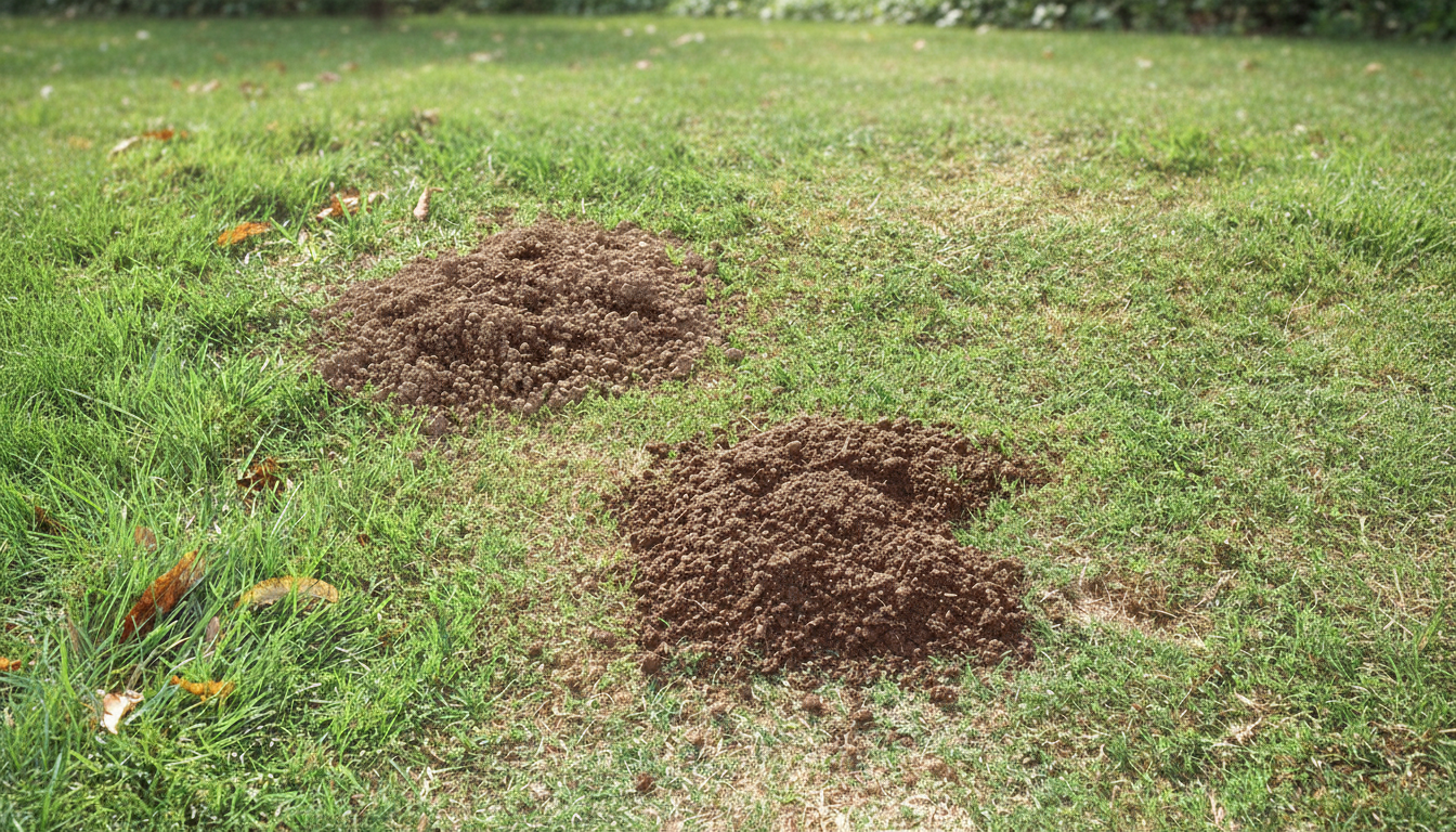 Fresh gopher mounds on a residential lawn in the Inland Empire showing typical damage requiring professional removal.